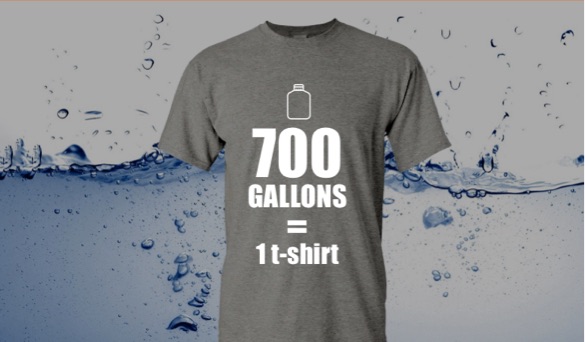Image of gray shirt with the text:700 gallons of water equal 1 shirt